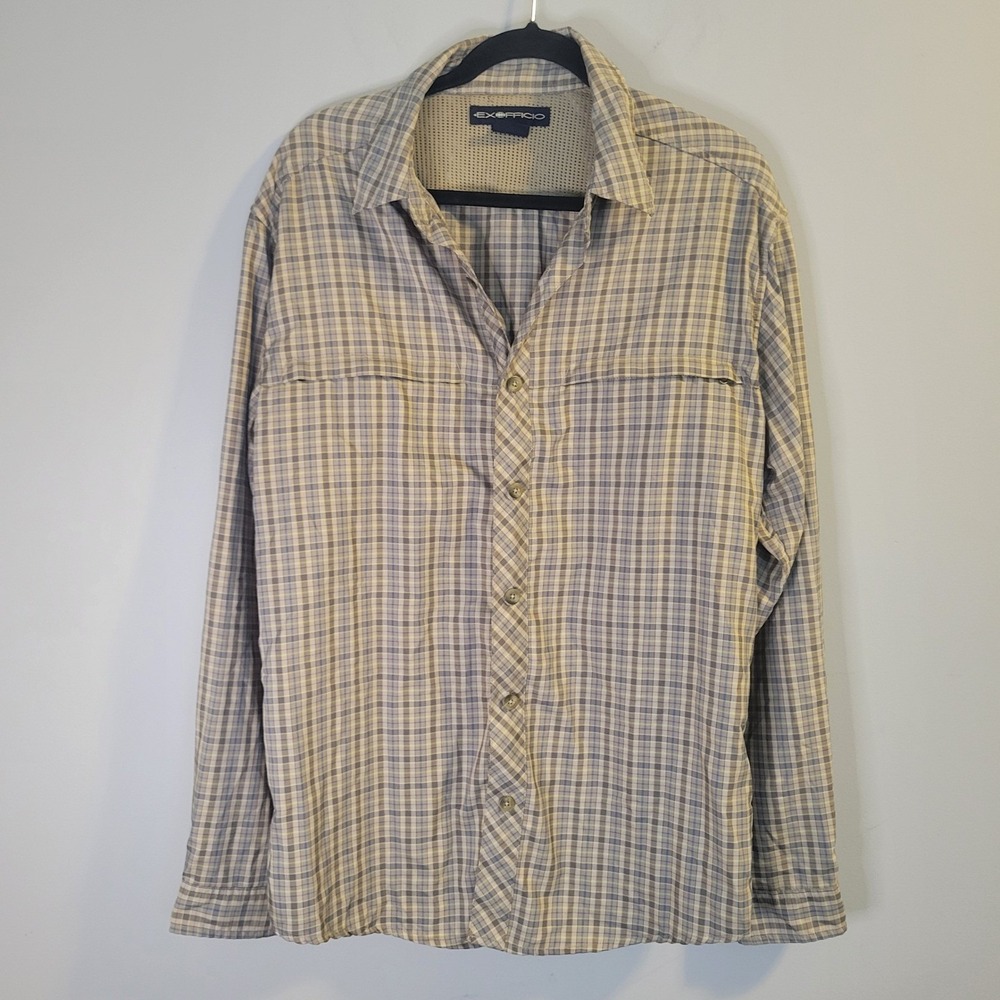 ExOfficio Mens Plaid Long Sleeve Button Down Hiking Travel Shirt Blue Green L